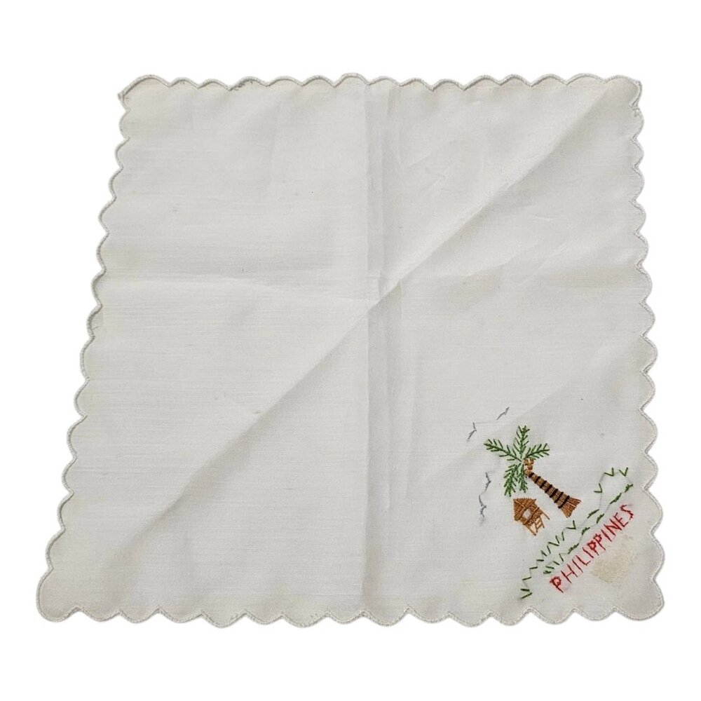 Vintage Handkerchief Hankie Philippines Stitched Straw Hut Bull Ox Palm Tree - Picture 8 of 13
